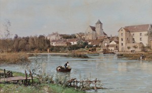 Paysage Animé Avec Une Barque Devant Une Ville by Luigi LOIR