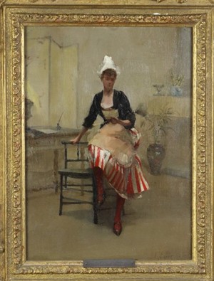 Seated Woman With Striped Dress by Kate EARLE - auction artwork with signature