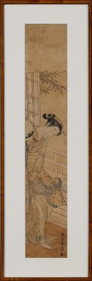 Ung Kvinna I Furisodeklädnad Med Apa by Suzuki HARUNOBU - auction artwork with signature