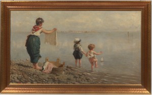 Girl Washing While Children Wade And Sail A Toy Boat, Venice In The Distance by Franz Leo RUBEN