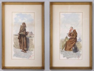 Pair Of Watercolors Of Monks With Umbrellas by Edouardo VITALI - auction artwork with signature