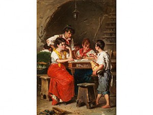 Junge Neapolitianische Familie Unter Einem Mauerbogen Am Tisch Beim Sortieren Von Perlen by Francesco PELUSO