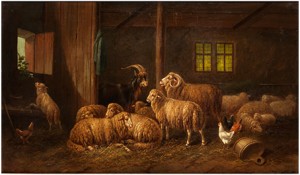 Schafe, Ziegenbock Und Hühner In Einem Stall by Adolf NOWEY - auction artwork with signature