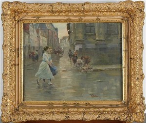 Stadsmotiv Med Folk Och Häst by VALENTIN - auction artwork with signature