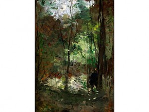 Waldinneres Mit Einem Mann Am Baum Gelehnt In Blauem Mantel Mit Gelbem Hut by Alexis VOLLON