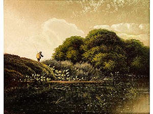 Teichlandschaft Mit Einem Angler Am Ufer Zwischen Bäumen by Henry John BODDINGTON