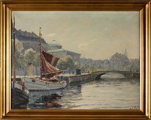 Stadsvy Med Vattendrag Och Båtar by Einar GROSS