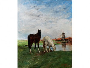 Holländische Landschaft Mit Zwei Pferden Am Teichufer, Mit Windmühle Im Hintergrund by Alfred Jacques VERWEE