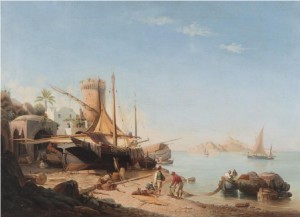 Sydeuropeisk Kustby Med Fartyg Och Figurer by E. ORTMAN - auction artwork with signature