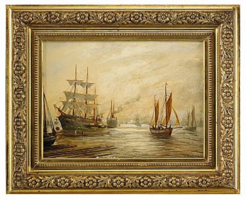 Hamnbild Med Segelfartyg Och ångare by Bernard Benedict HEMY