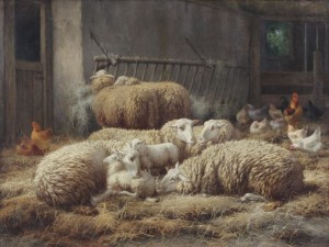 Sheep And Chickens In A Barn by Eugène Rémy MAES - auction artwork with signature