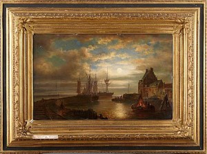 Hamnvy I Månsken by Elias Pieter Van BOMMEL