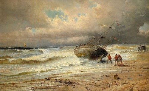 Kustvy Med Båtar by Jules Achille NOEL
