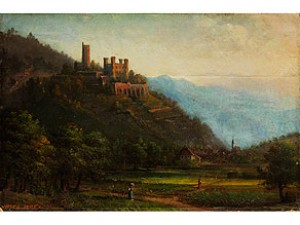 Bergige Landschaft Mit Erhöht Im Spätlicht Stehender Burganlage by Jules Achille NOEL