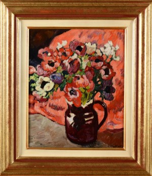 Bouquet D'anemones Au Fond Rouge by Louis VALTAT