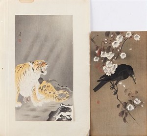 2 St: Rytande Tiger, Kråka På Blommande Kärsbärskvist by Ohara KOSON