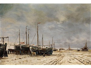 Weite Polderseelandschaft Mit Im Eis Eingefrorenen Segelschiffen by Hendrik Willem MESDAG