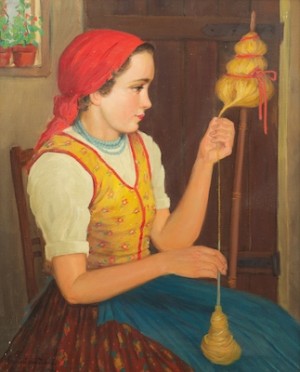 Young Woman Spinning Thread by Ernest De NAGY