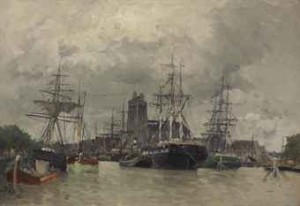Dordrecht Harbor With Shipping And Cathedral by Frank Myers BOGGS