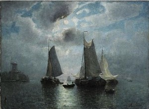 Segelbåtar I Månsken by Jacob JACOBS