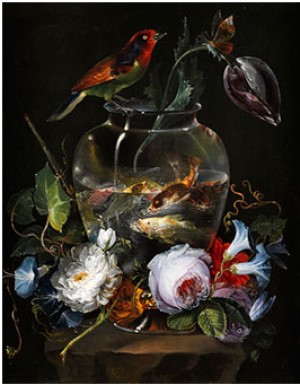 Stilleben Mit Aquarium Umstellt Von Sommerblumen Und Vogel Sowie Schmetterling by Salvatore GIUSTI