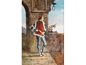 Höfischer Jüngling Im Mittelalterlichen Kostüm An Einem Mauerbogen Mit Blick In Die Landschaft by Belisario GIOJA