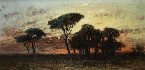 Bäume Vor Rötlichem Sonnenuntergangshimmel by Ettore CUMBO