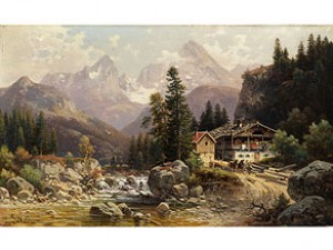 Alpenlandschaft Mit Mühlengebäude An Einem Gebirgsbachlauf by Ludwig SCKELL