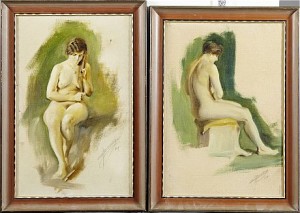 2 St., Sittande Nakna Modeller by E. BLOMBERG - auction artwork with signature