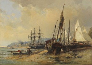 Segelschiffe Und Fischerboote Am Bretonischen Strand (brest?) by Jules Achille NOEL