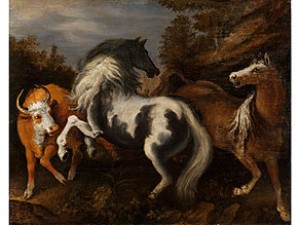 Zwei Pferde Und Rind In Hügeliger Landschaft by Jan The Younger SAVERY