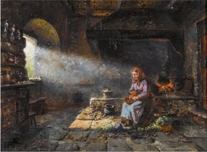 Kücheninterieur Mit Frau Beim Brotschneiden by Raphael RITZ