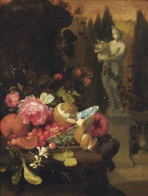 An Orange, Roses, Partially Peeled Lemon, Strawberries In A Wanli 'kraak' Porcelain Plate With Butterflies On A Stone Ledge, Before A Sculpted Urn, A Statue Of Fortuna In A Garden Beyond by Jan MORTEL