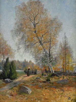 Höstlandskap Med Kvinna Vid Gärdesgård by Wilhelm BEHM