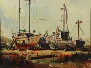 Boatyard by Wilfrid PROVAN - auction artwork with signature