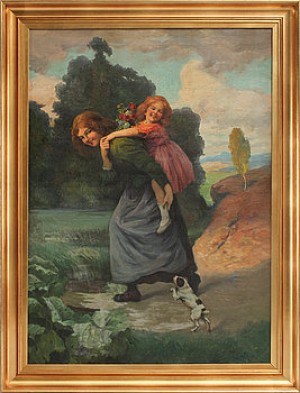 Flickor Med Hund by Rudolf JELINEK - auction artwork with signature