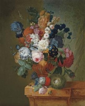 A Tulip, An Iris, Roses, Chrysanthemums, Polyanthas And Other Flowers In A Sculpted Urn, With A Bird's Nest On A Marble Ledge, And A Beetle And A Dragonfly by Pieter FAES