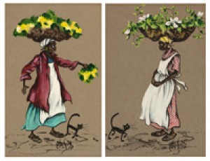 Two Works: Women With Flower Baskets On Their Heads And Cats At Their Feet by Alice SCOTT