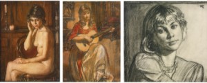 Seated Female Nude, Woman Playing The Guitar, And Portrait Of A Woman: Three Pastels by Oleg GROSSE