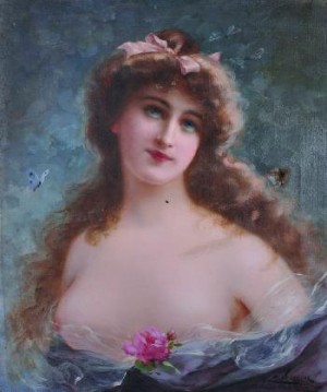 Bust Portrait Of A Young Girl, Holding A Rose, With A Pink Bow In Her Hair by Emile VERNON
