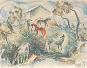 ...horses In A Field Near A Barn On A Hill by William C. GRAUER