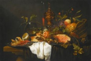 A 'pronk' Still Life Of Fruits In A Basket Together With A Gilt Goblet, Wine Glass, A Ham, A Pie, Orange, Lemon And A Crab, All Upon A Table Draped With Blue And White Cloths by Joris Van SON
