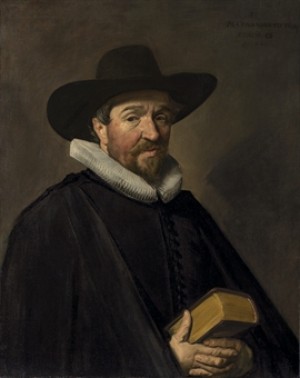 Portrait Of Conradus Viëtor (1588-1657), Aged 56, Half-length, In A Black Doublet, Cloak And Hat, With A White Ruff, And Holding A Book by Frans HALS