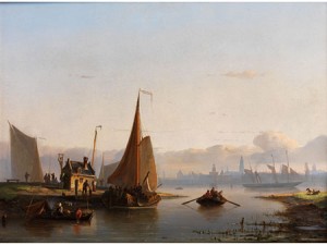 Flusslandschaft Mit Booten, Figuren Und Stadt Im Hintergrund by Nicholaas RIEGEN