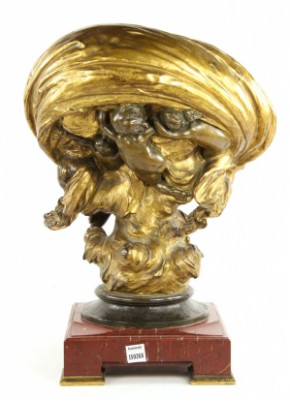 Sculpture Of Cupids On Clouds Ascending, Bronze On Burgundy Marble Base by Joseph Gustave CHERET
