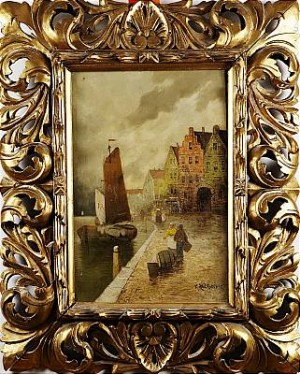 Stadsmotiv Med Segelbåt by V. HOLTBEIS - auction artwork with signature