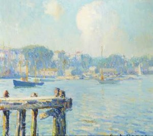 Painting Of Sailboats In A Harbor As Viewed From A Veranda by George Loftus NOYES