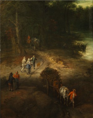 Waldrand Am Flusslauf Mit Mehreren Bauersleuten Auf Einem Waldweg by Theobald MICHAU