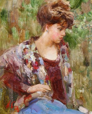 Lady With Multi-colored Shaw by Nikolai BLOKHIN - auction artwork with signature