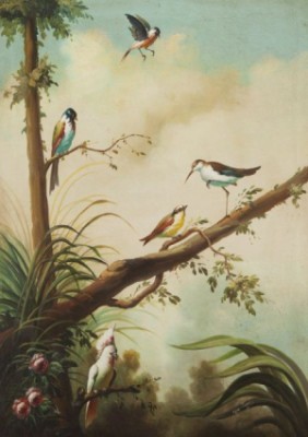 Depicting Tropical Birds In A Tree. by Ira MONTE - auction artwork with signature